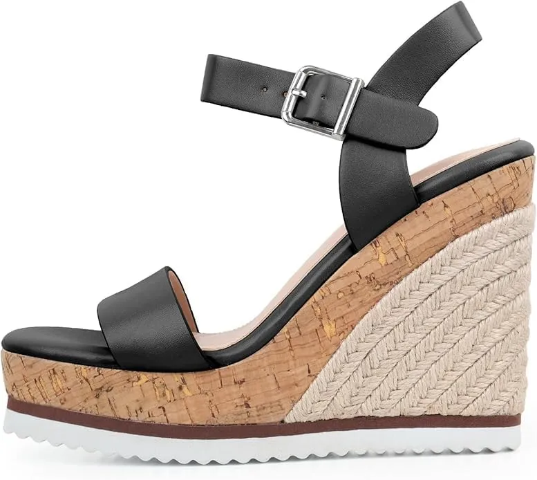 Espadrille Dressy Wedge Sandals, Adjustable Ankle Strap Buckle Women's Platform Sandals Dressy Square Toe, Comfortable High Heel Beach Shoes with Cushioned Footbed for Casual Summer