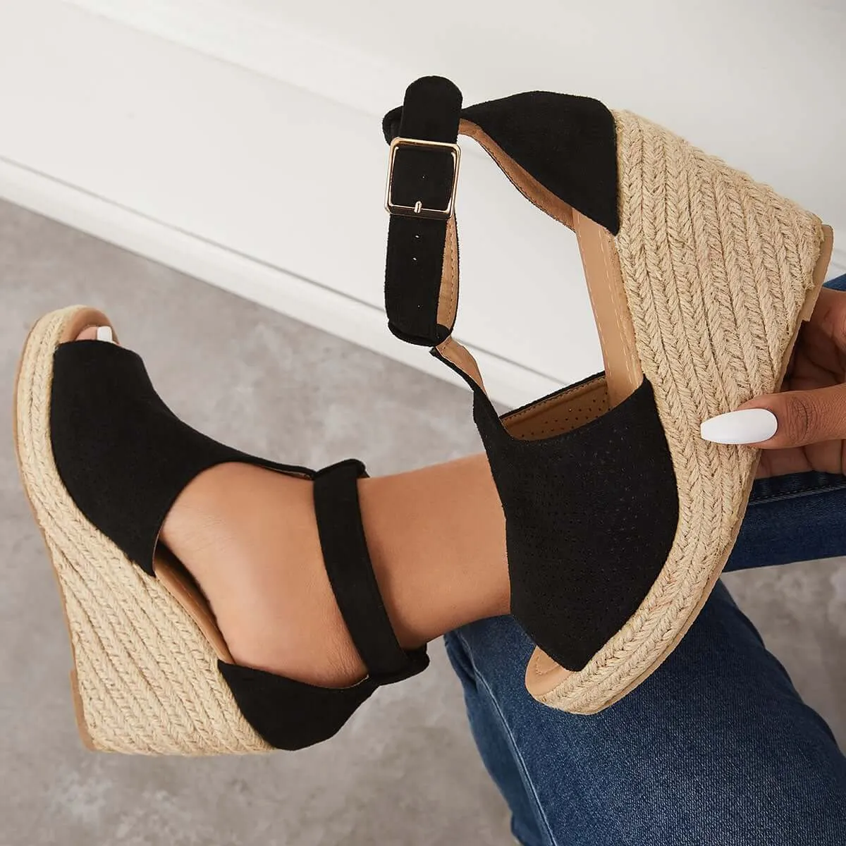 Espadrille Heel Ankle Strap Wedges Sandals Industrial-grade Premium customer care Black Platform
