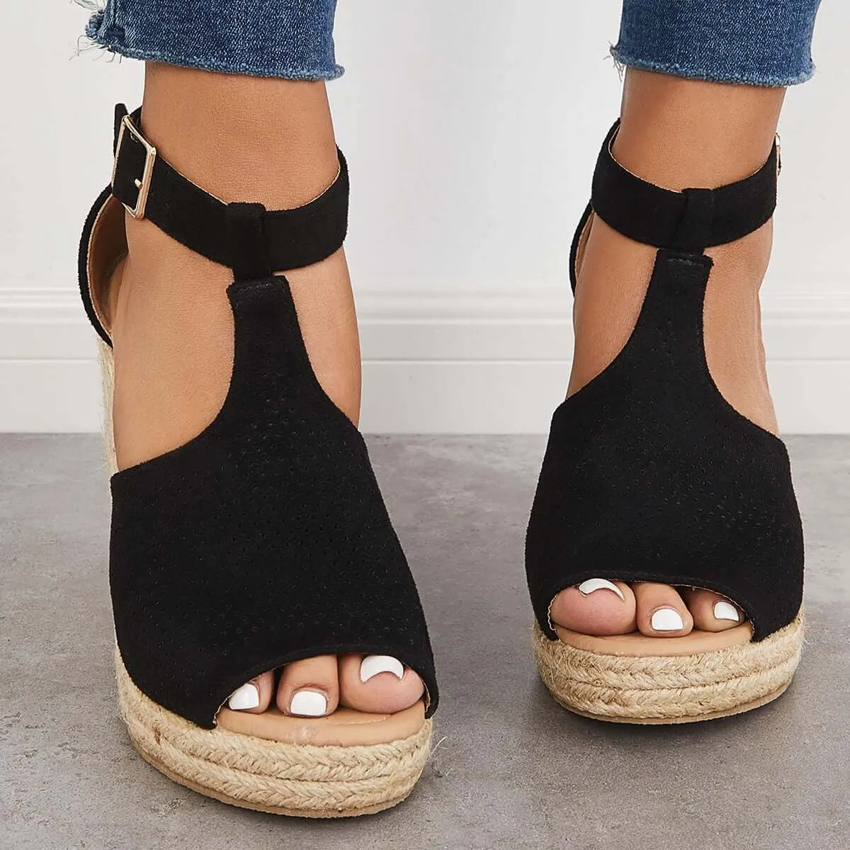 Espadrille Heel Ankle Strap Wedges Sandals Industrial-grade Premium customer care Black Platform