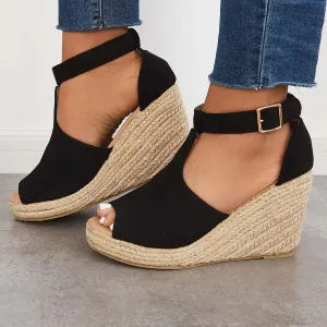 Espadrille Heel Ankle Strap Wedges Sandals Industrial-grade Premium customer care Black Platform