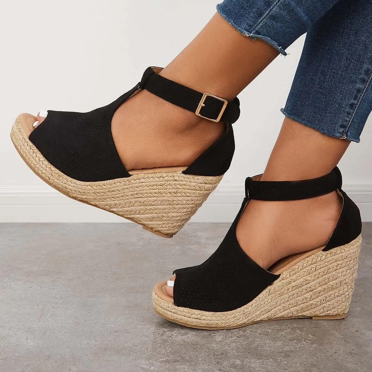 Espadrille Heel Ankle Strap Wedges Sandals Industrial-grade Premium customer care Black Platform