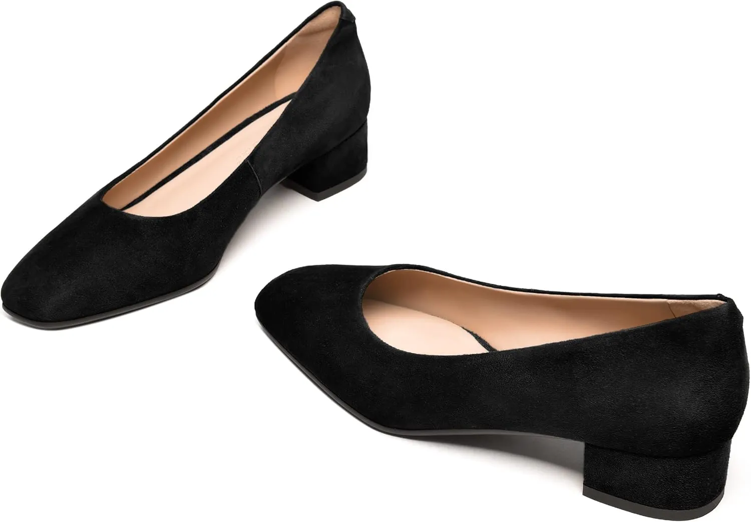 FEMSTEP Women's Low Heels Suede Leather Block Casual Square Toe Slip On Chunky Pumps Shoes 1.5 Inch