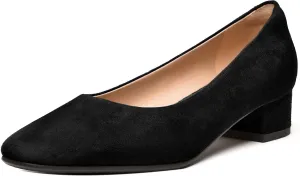 FEMSTEP Women's Low Heels Suede Leather Block Casual Square Toe Slip On Chunky Pumps Shoes 1.5 Inch