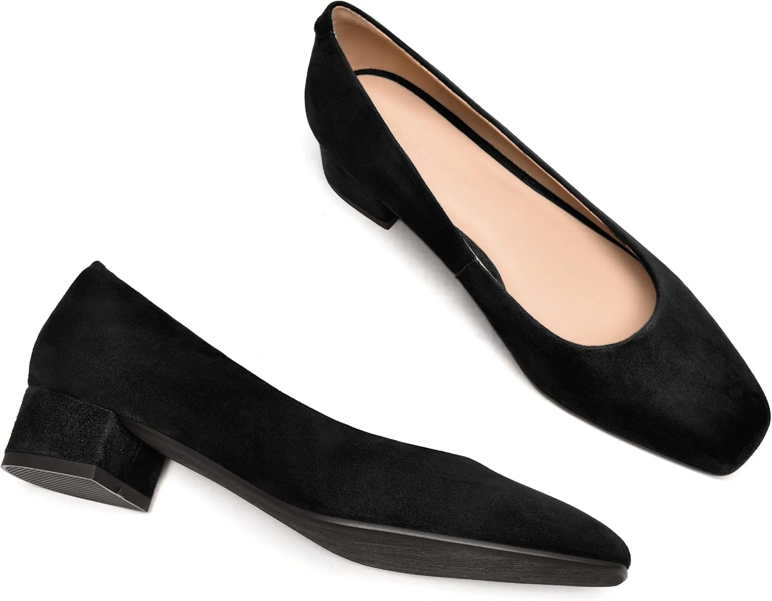FEMSTEP Women's Low Heels Suede Leather Block Casual Square Toe Slip On Chunky Pumps Shoes 1.5 Inch