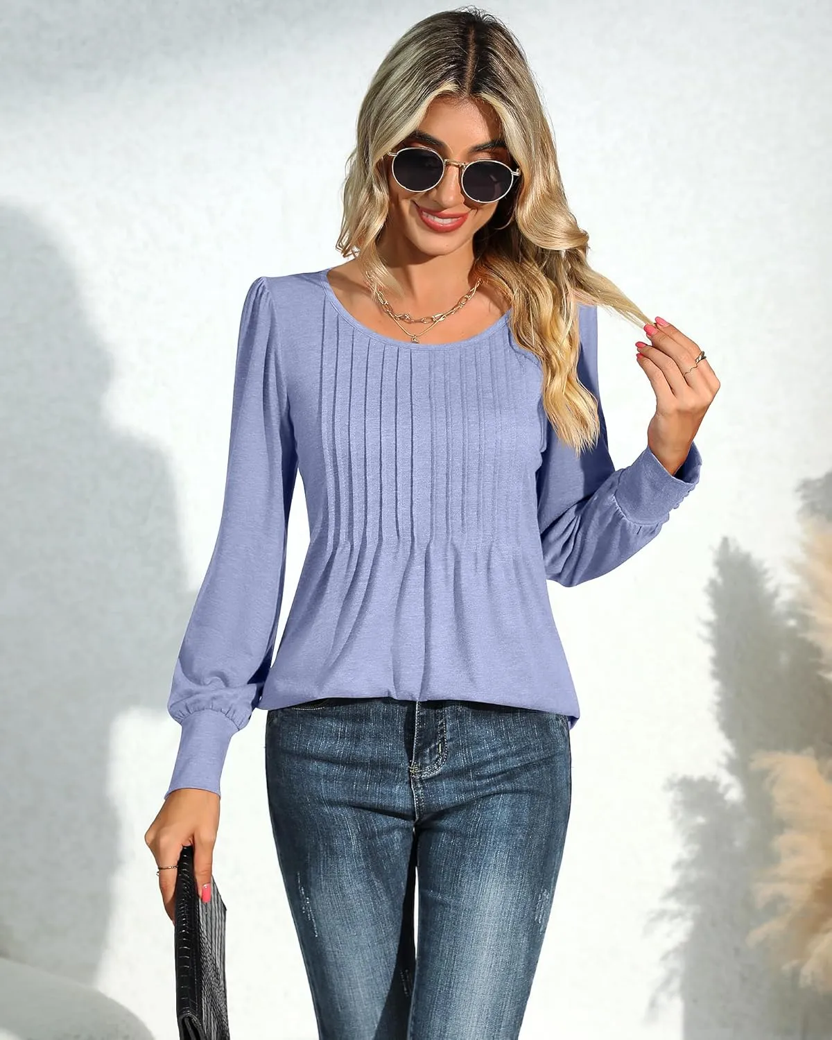 Ficerd Women's Puff Long Sleeve Tunic Tops Pleated Crew Neck Blouses Dressy Casual Loose Fit Winter and Spring Shirts