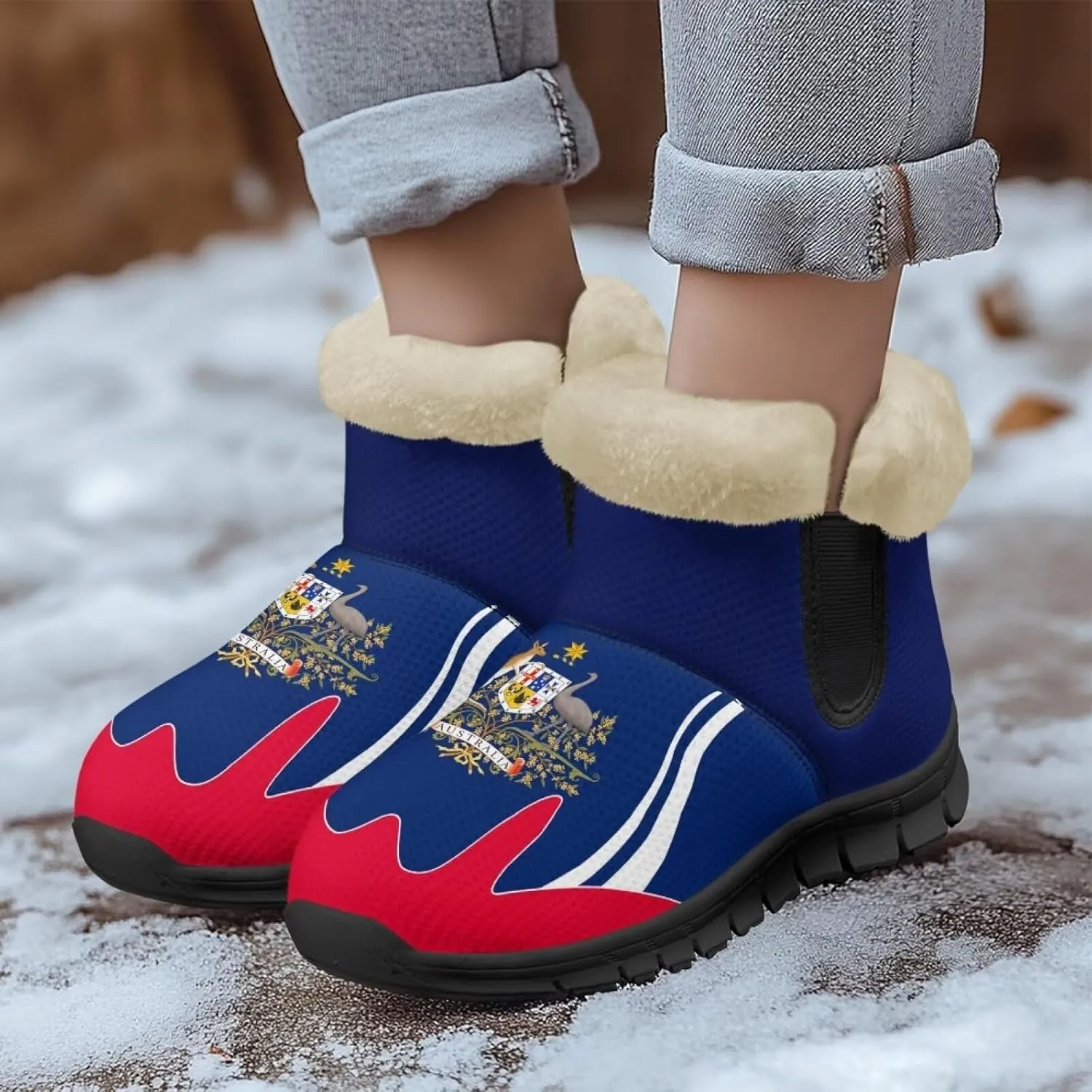 Flag Pattern Snow Boots Winter Shoes for Women Ankle Booties Warm Flannel Lining Slip on Anti-Slip Boots