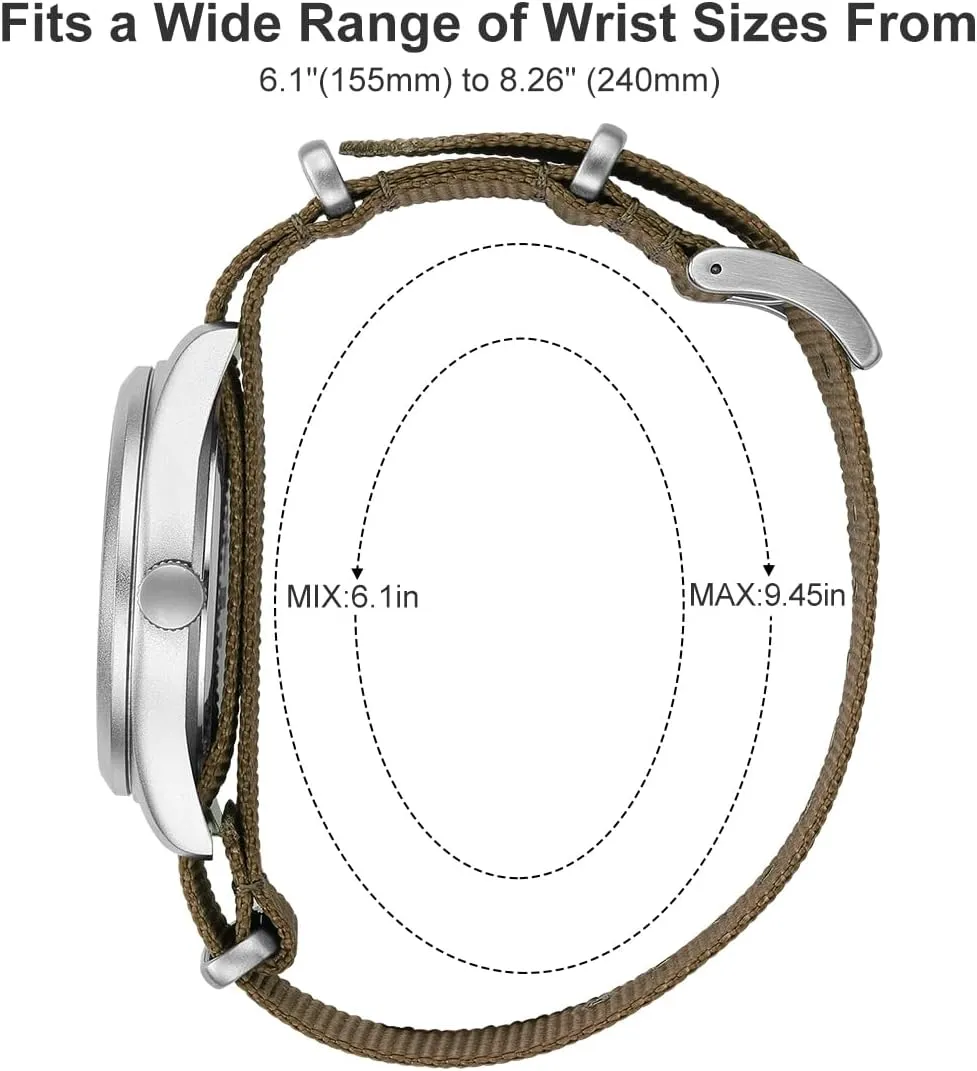 GOLDEN HOUR Men's Nylon Slip-Thru Strap Watch with Military Time Easy Read Dial Glowing Hands