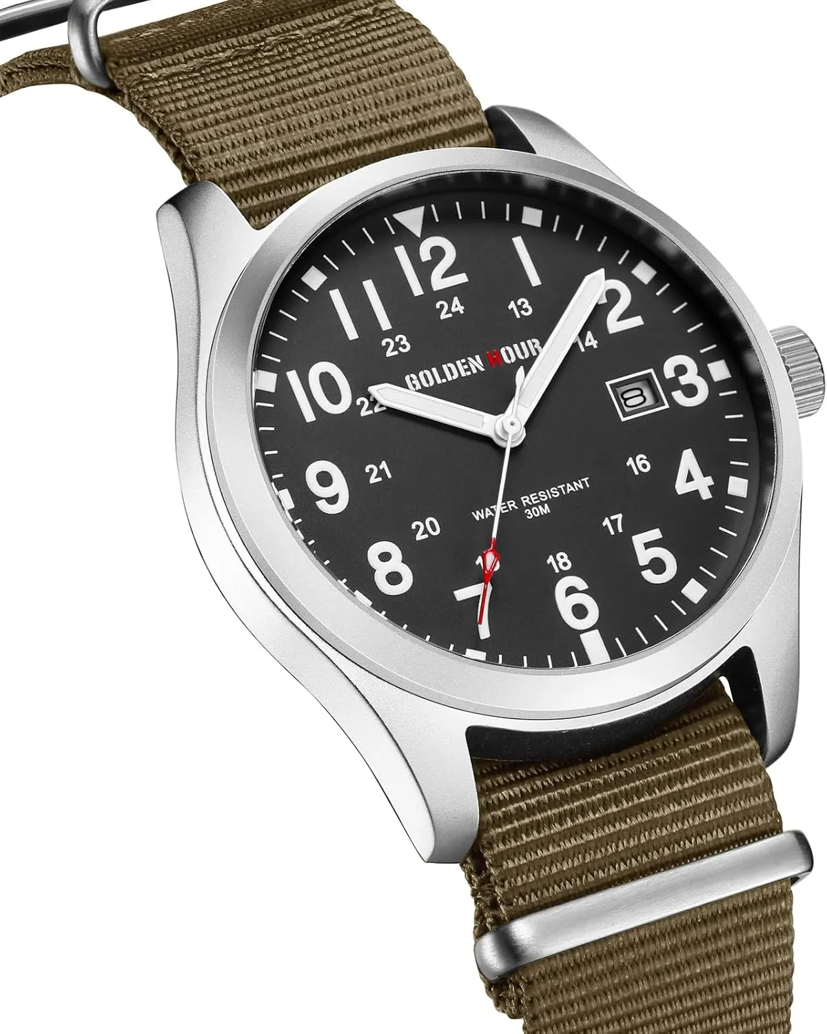 GOLDEN HOUR Men's Nylon Slip-Thru Strap Watch with Military Time Easy Read Dial Glowing Hands