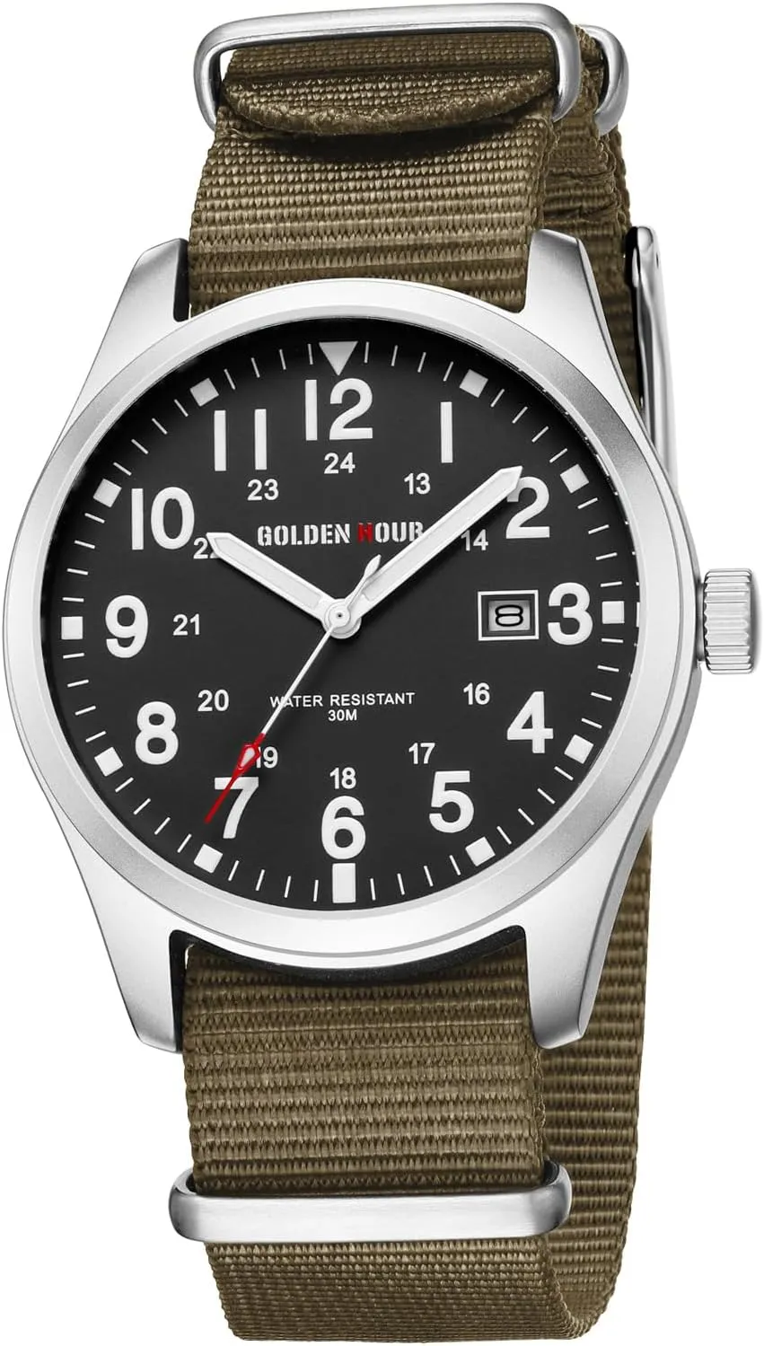 GOLDEN HOUR Men's Nylon Slip-Thru Strap Watch with Military Time Easy Read Dial Glowing Hands
