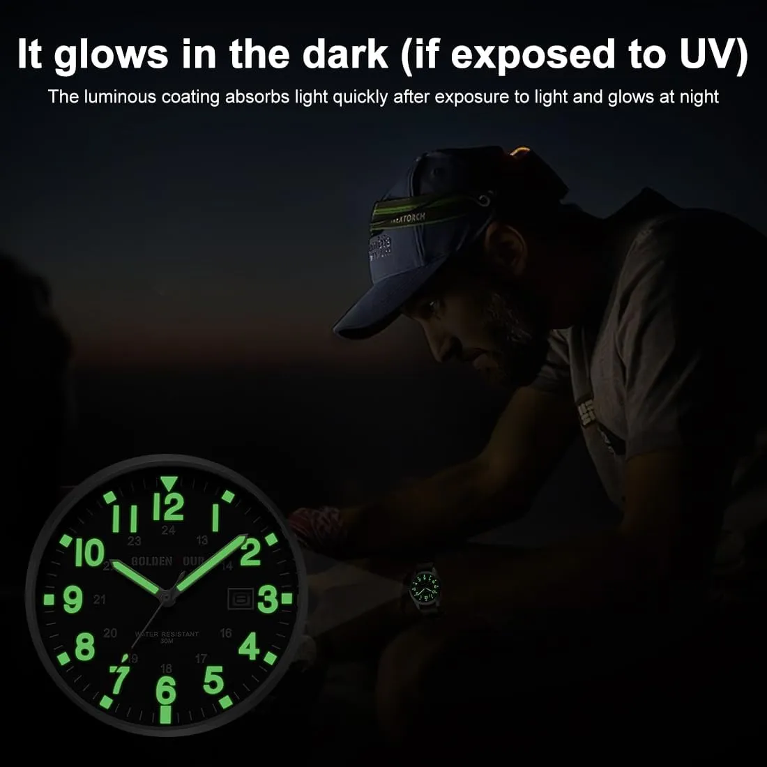 GOLDEN HOUR Men's Nylon Slip-Thru Strap Watch with Military Time Easy Read Dial Glowing Hands