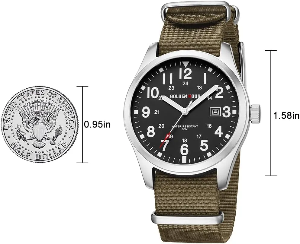 GOLDEN HOUR Men's Nylon Slip-Thru Strap Watch with Military Time Easy Read Dial Glowing Hands