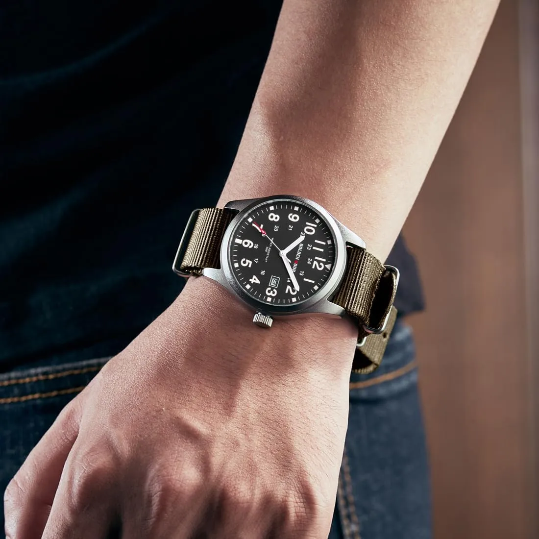 GOLDEN HOUR Men's Nylon Slip-Thru Strap Watch with Military Time Easy Read Dial Glowing Hands