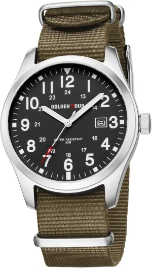 GOLDEN HOUR Men's Nylon Slip-Thru Strap Watch with Military Time Easy Read Dial Glowing Hands