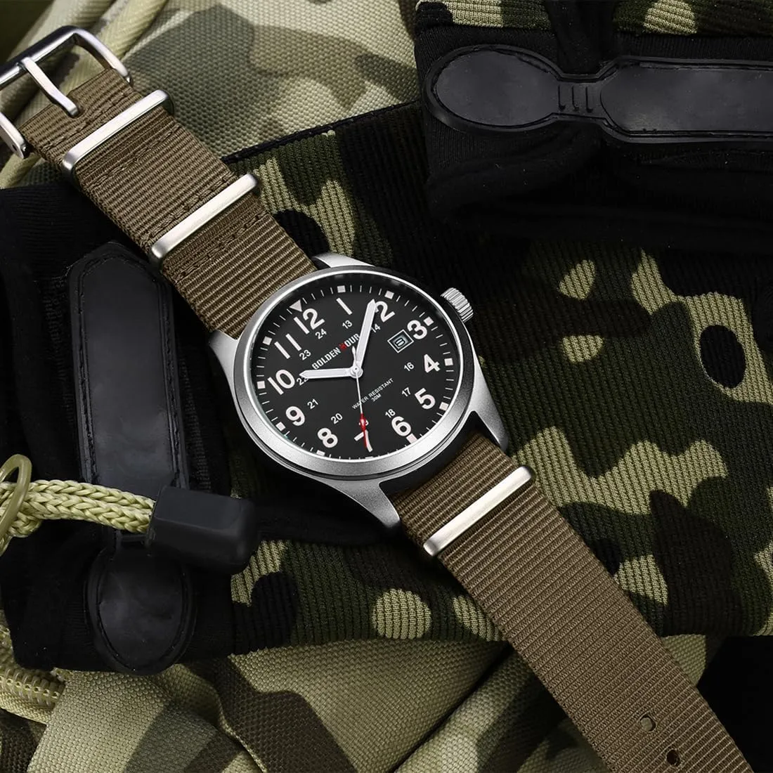 GOLDEN HOUR Men's Nylon Slip-Thru Strap Watch with Military Time Easy Read Dial Glowing Hands