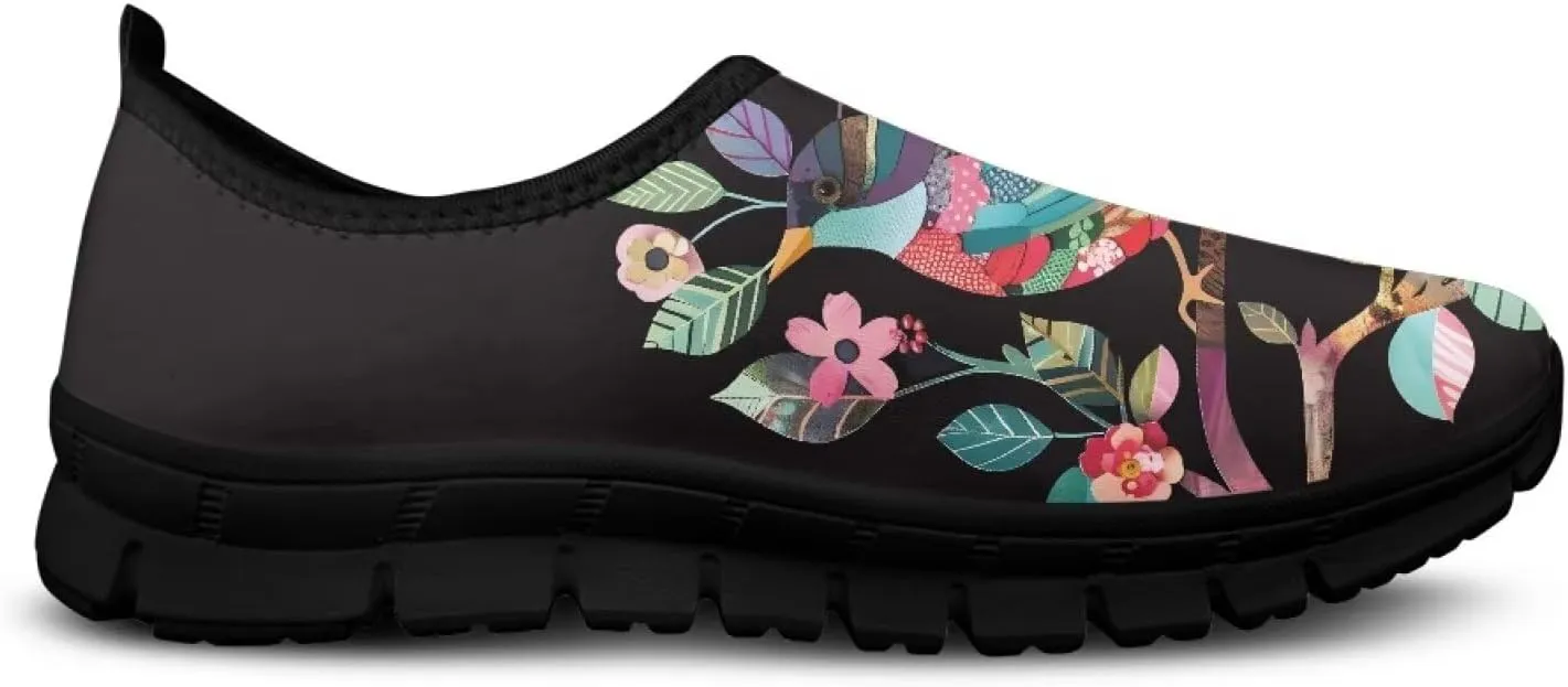 GOSTONG Floral Art Sneakers for Women Comfy Soft Sole Non Slip Walking Sneakers for Outdoor Travel Easy Slip on Lightweight Indoor Loafers Black US 5.5-11.5