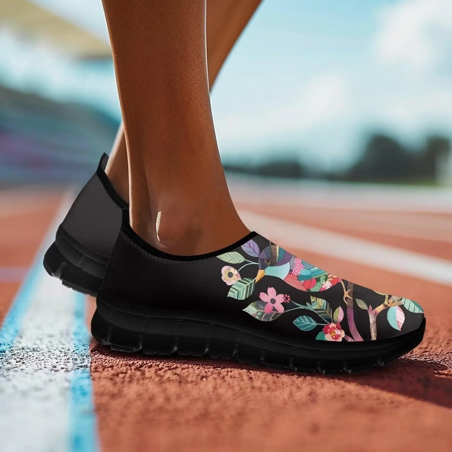 GOSTONG Floral Art Sneakers for Women Comfy Soft Sole Non Slip Walking Sneakers for Outdoor Travel Easy Slip on Lightweight Indoor Loafers Black US 5.5-11.5