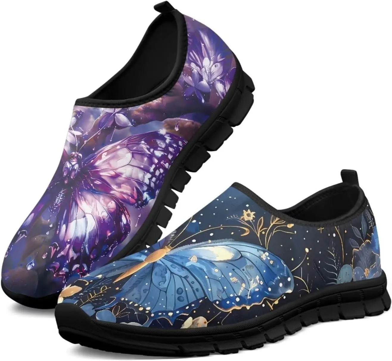 GOSTONG Floral Art Sneakers for Women Comfy Soft Sole Non Slip Walking Sneakers for Outdoor Travel Easy Slip on Lightweight Indoor Loafers Black US 5.5-11.5