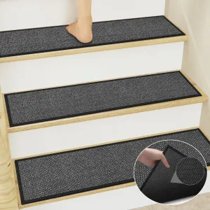 GOYLSER Jute Stair Carpet Treads Non Slip with Rubber Backed,15Pcs Black Stair Mats Stair Protectors for Carpeted Stairs, Easy Clean Indoor Basement Safety Stick On Stair Treads Carpet, 30"X8"