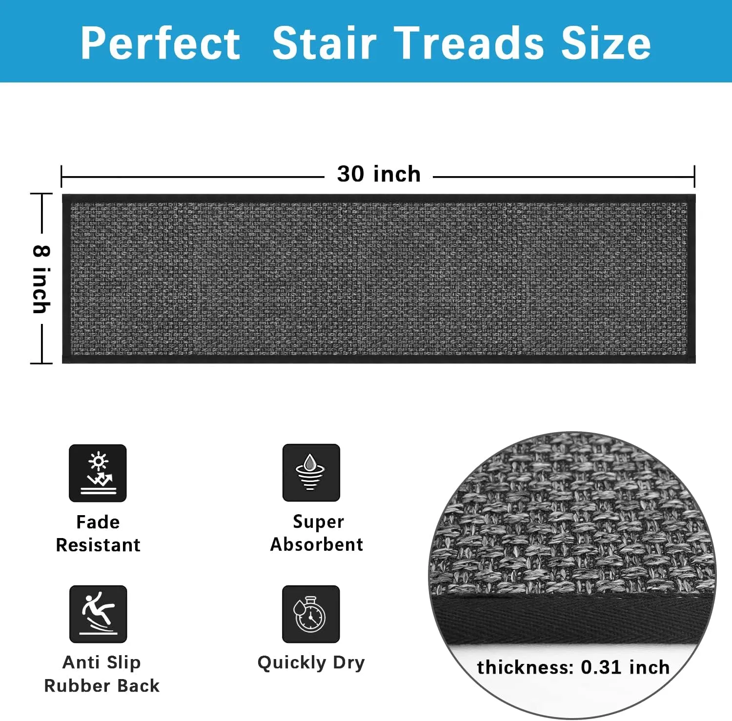 GOYLSER Jute Stair Carpet Treads Non Slip with Rubber Backed,15Pcs Black Stair Mats Stair Protectors for Carpeted Stairs, Easy Clean Indoor Basement Safety Stick On Stair Treads Carpet, 30"X8"