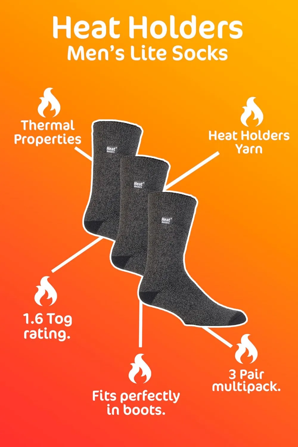 Heat Holders Lite - 3 Pairs Winter Thermal Socks for Men | Thin & Warm Socks