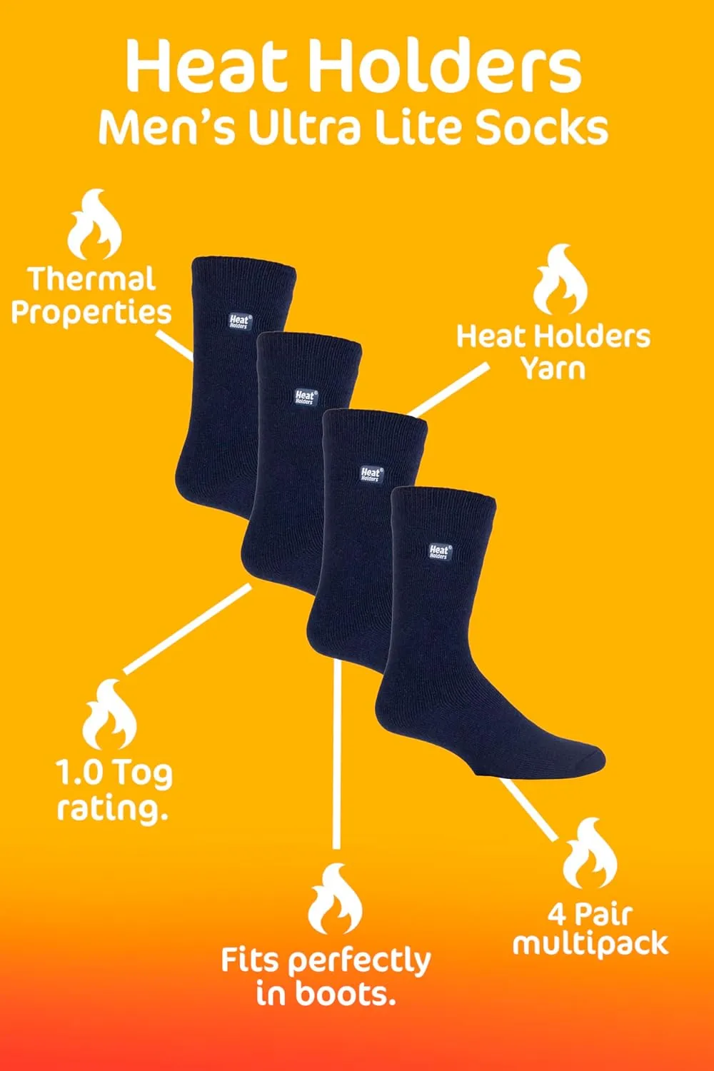 Heat Holders Ultra Lite - 4 Pairs Thermal Winter Socks for Men | Ultra Thin Warm Socks