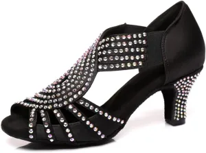 HIPPOSEUS Women's Rhinestones Latin Dance Shoes Slip on Ballroom Salsa Bachata Performance Practice Dancer Shoes,Model L396