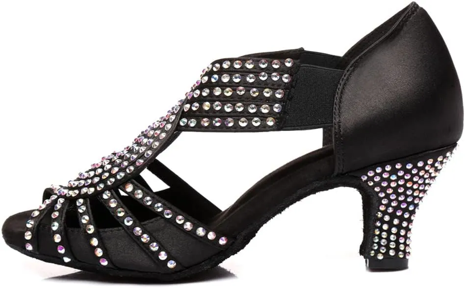 HIPPOSEUS Women's Rhinestones Latin Dance Shoes Slip on Ballroom Salsa Bachata Performance Practice Dancer Shoes,Model L396