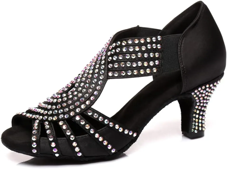 HIPPOSEUS Women's Rhinestones Latin Dance Shoes Slip on Ballroom Salsa Bachata Performance Practice Dancer Shoes,Model L396