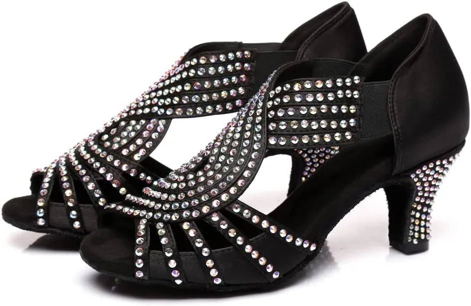 HIPPOSEUS Women's Rhinestones Latin Dance Shoes Slip on Ballroom Salsa Bachata Performance Practice Dancer Shoes,Model L396
