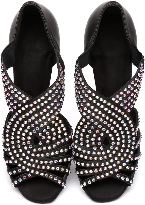 HIPPOSEUS Women's Rhinestones Latin Dance Shoes Slip on Ballroom Salsa Bachata Performance Practice Dancer Shoes,Model L396