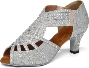 HIPPOSEUS Women's Rhinestones Latin Dance Shoes Slip on Ballroom Salsa Bachata Performance Practice Dancer Shoes,Model L396