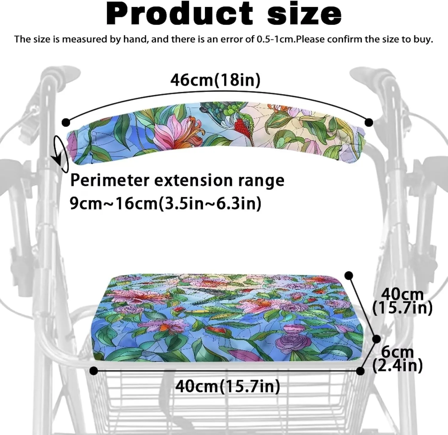 Hummingbird Floral Rollator Seat Cushion Back Bar Cover Set Rollator Walker Seat Back Covers Stretchable Material Protection Decor Suitable for Parks
