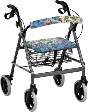Hummingbird Floral Rollator Seat Cushion Back Bar Cover Set Rollator Walker Seat Back Covers Stretchable Material Protection Decor Suitable for Parks