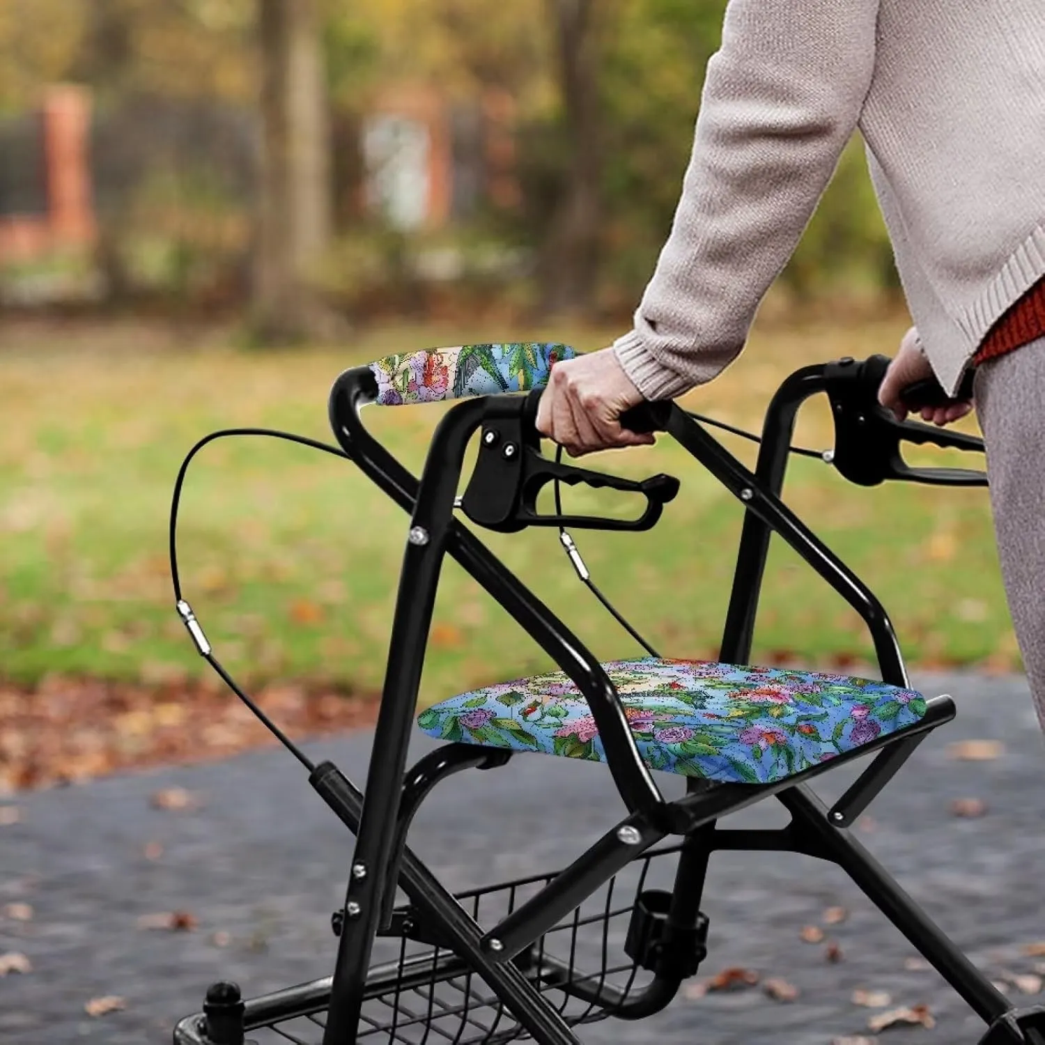 Hummingbird Floral Rollator Seat Cushion Back Bar Cover Set Rollator Walker Seat Back Covers Stretchable Material Protection Decor Suitable for Parks