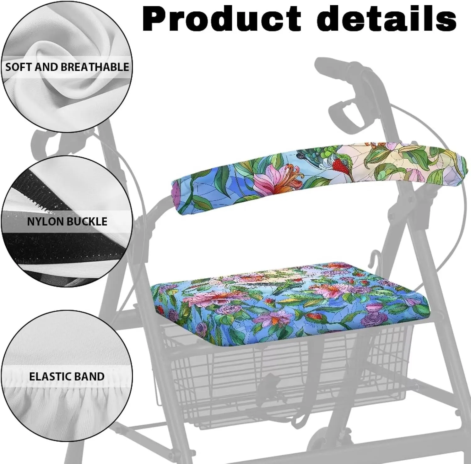 Hummingbird Floral Rollator Seat Cushion Back Bar Cover Set Rollator Walker Seat Back Covers Stretchable Material Protection Decor Suitable for Parks