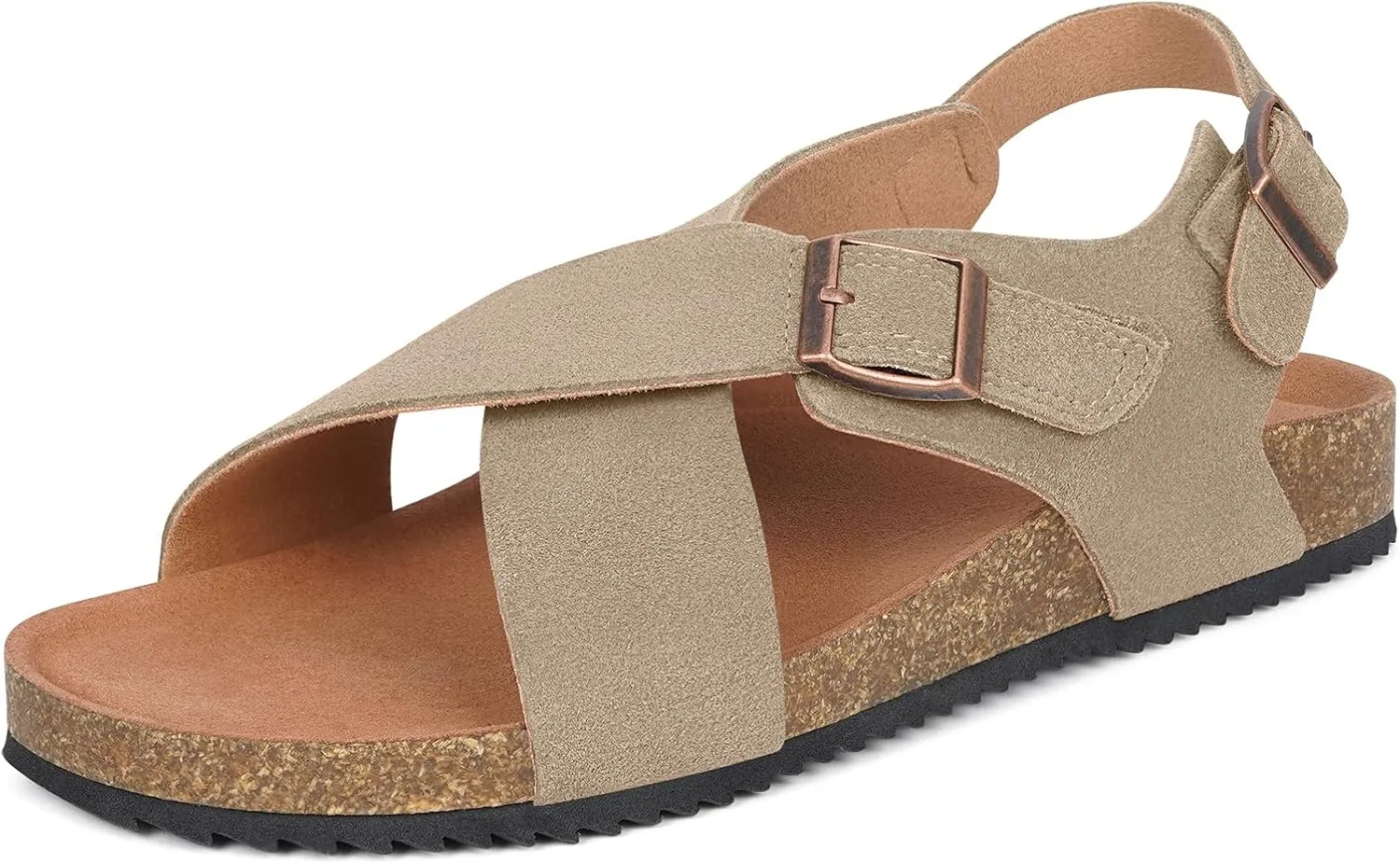 Intini Women's Cork Footbed Sandals with Arch Support Suede Leather Flat Slides Sandals Comfort Open Toe Slip On Shoes for Outdoor Summer Adjustable Buckle & Crisscross Band