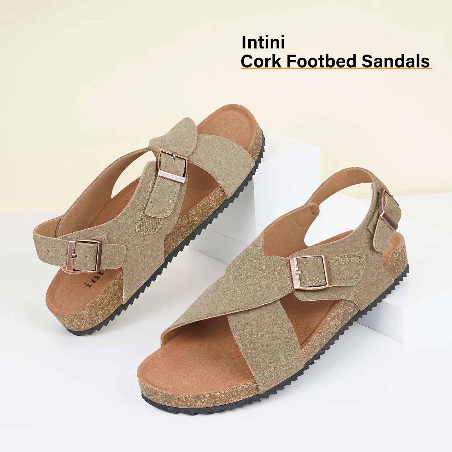 Intini Women's Cork Footbed Sandals with Arch Support Suede Leather Flat Slides Sandals Comfort Open Toe Slip On Shoes for Outdoor Summer Adjustable Buckle & Crisscross Band
