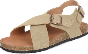 Intini Women's Cork Footbed Sandals with Arch Support Suede Leather Flat Slides Sandals Comfort Open Toe Slip On Shoes for Outdoor Summer Adjustable Buckle & Crisscross Band