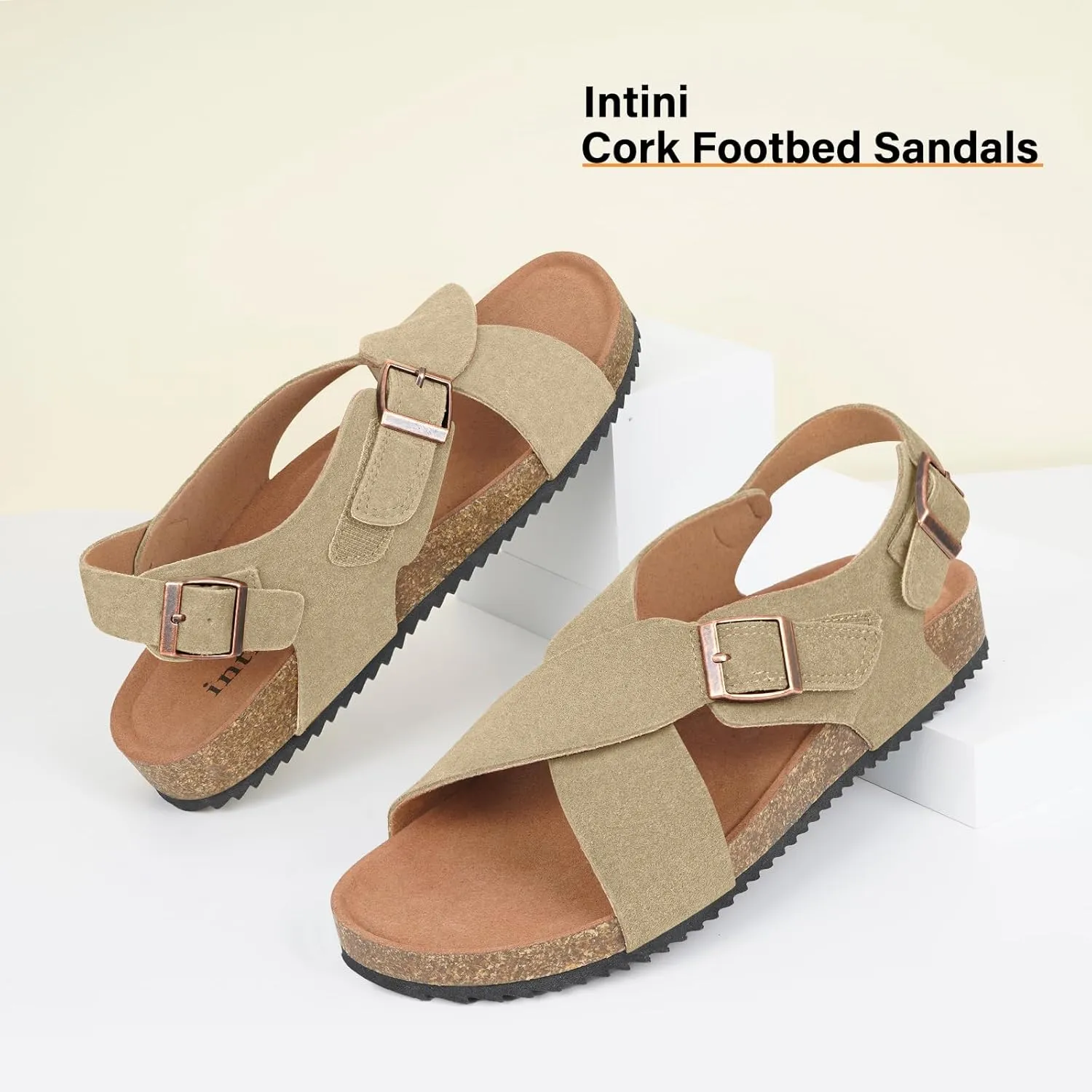 Intini Women's Cork Footbed Sandals with Arch Support Suede Leather Flat Slides Sandals Comfort Open Toe Slip On Shoes for Outdoor Summer Adjustable Buckle & Crisscross Band