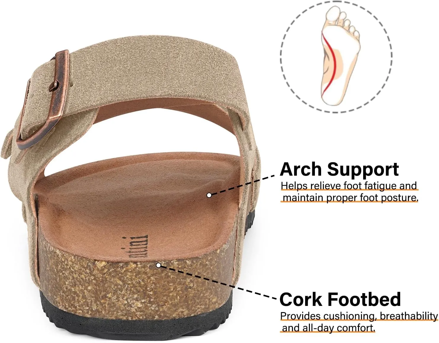 Intini Women's Cork Footbed Sandals with Arch Support Suede Leather Flat Slides Sandals Comfort Open Toe Slip On Shoes for Outdoor Summer Adjustable Buckle & Crisscross Band