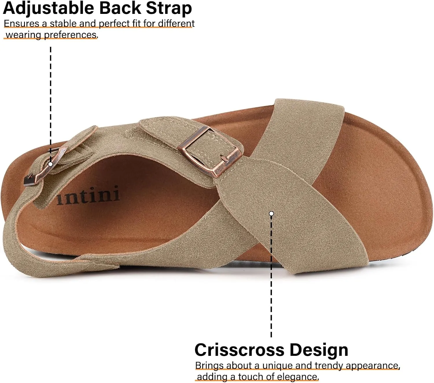 Intini Women's Cork Footbed Sandals with Arch Support Suede Leather Flat Slides Sandals Comfort Open Toe Slip On Shoes for Outdoor Summer Adjustable Buckle & Crisscross Band