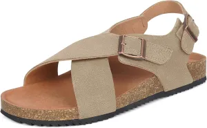 Intini Women's Cork Footbed Sandals with Arch Support Suede Leather Flat Slides Sandals Comfort Open Toe Slip On Shoes for Outdoor Summer Adjustable Buckle & Crisscross Band