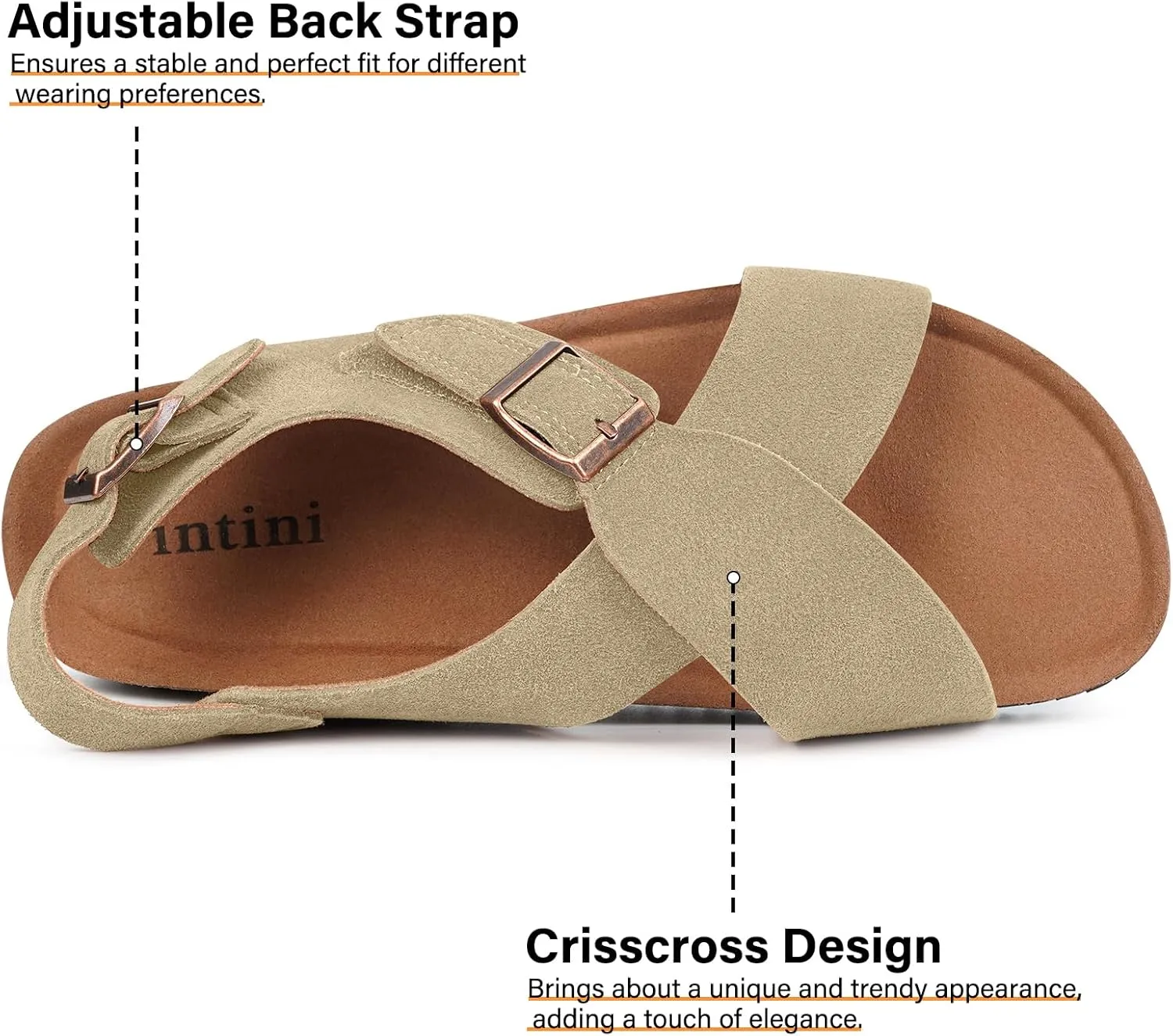 Intini Women's Cork Footbed Sandals with Arch Support Suede Leather Flat Slides Sandals Comfort Open Toe Slip On Shoes for Outdoor Summer Adjustable Buckle & Crisscross Band
