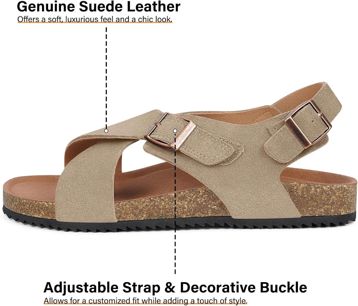 Intini Women's Cork Footbed Sandals with Arch Support Suede Leather Flat Slides Sandals Comfort Open Toe Slip On Shoes for Outdoor Summer Adjustable Buckle & Crisscross Band