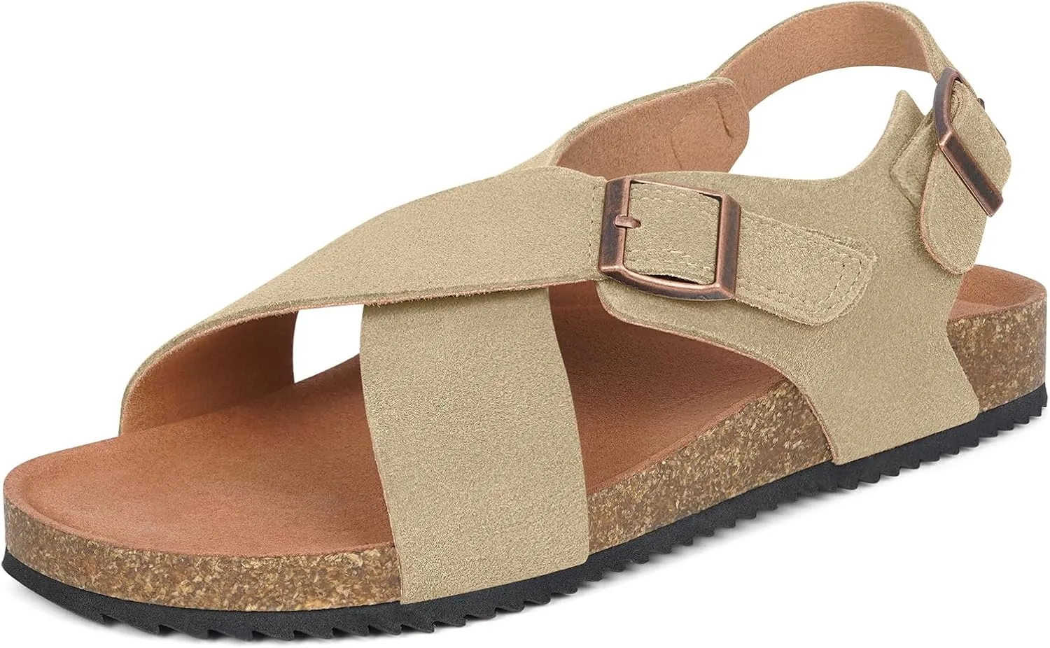 Intini Women's Cork Footbed Sandals with Arch Support Suede Leather Flat Slides Sandals Comfort Open Toe Slip On Shoes for Outdoor Summer Adjustable Buckle & Crisscross Band