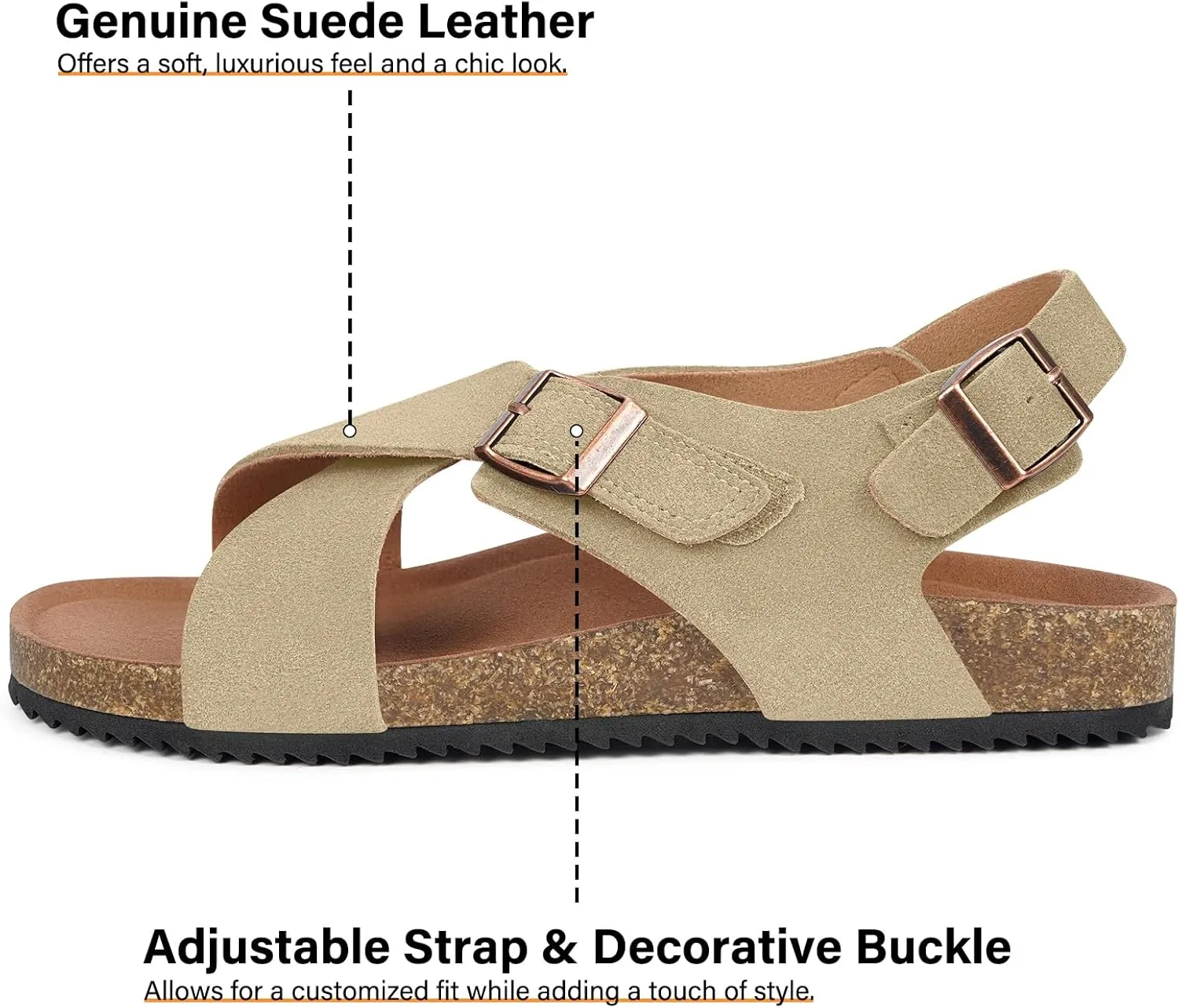 Intini Women's Cork Footbed Sandals with Arch Support Suede Leather Flat Slides Sandals Comfort Open Toe Slip On Shoes for Outdoor Summer Adjustable Buckle & Crisscross Band
