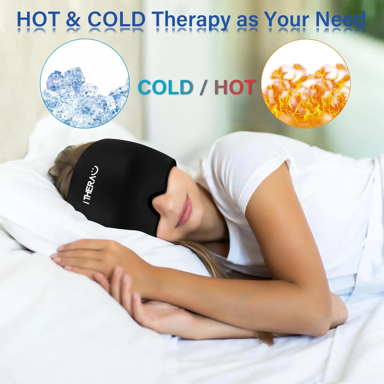iTHERAU Migraine Ice Head Wrap - Black Headache Relief Hat with Cold Compress for Sinus, Stress and Tension Relief