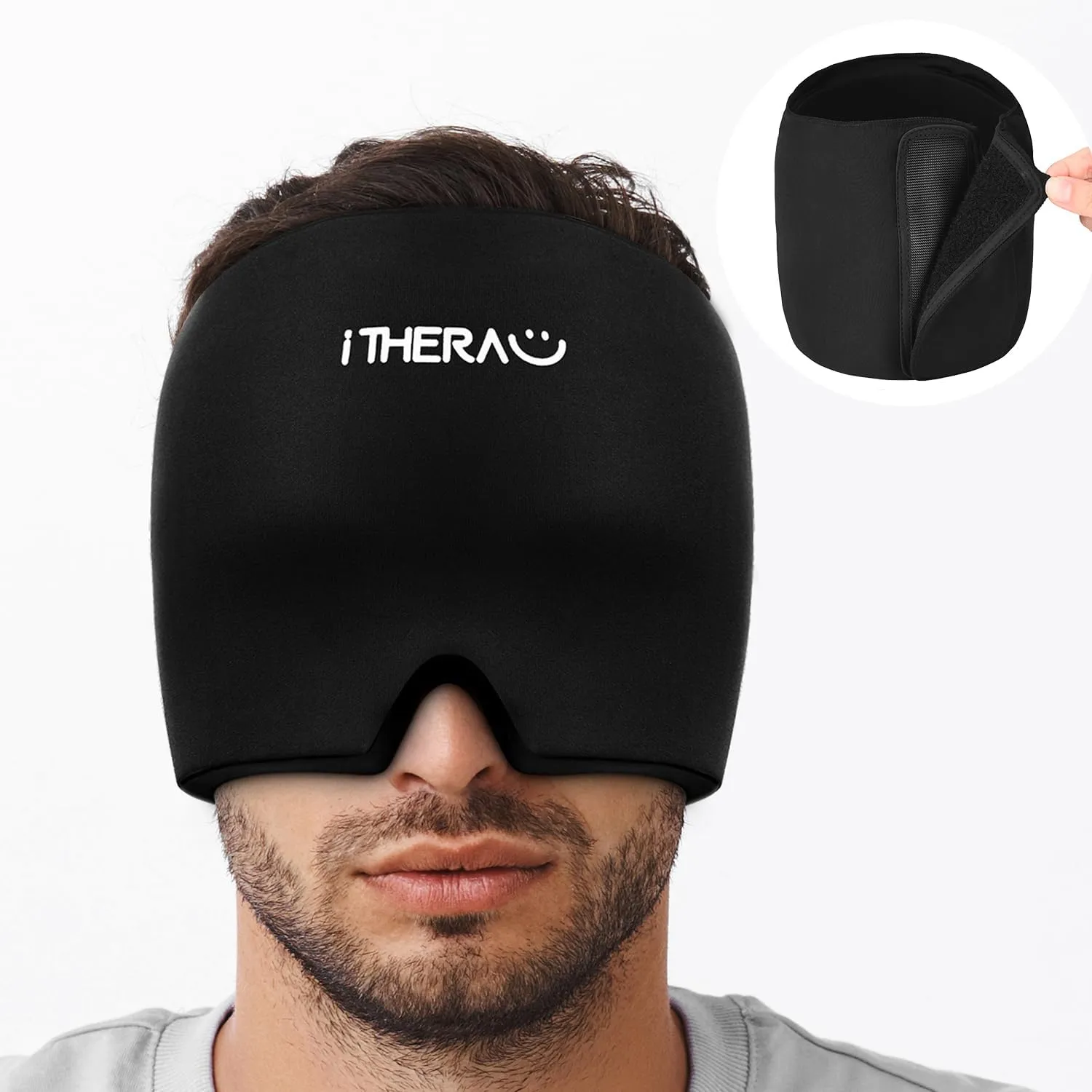 iTHERAU Migraine Ice Head Wrap - Black Headache Relief Hat with Cold Compress for Sinus, Stress and Tension Relief