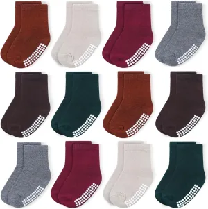 JAKIDAR 12 Pack Baby Toddler Socks Non Slip Grip Cotton Crew Socks for Boys Girls Infants Kids