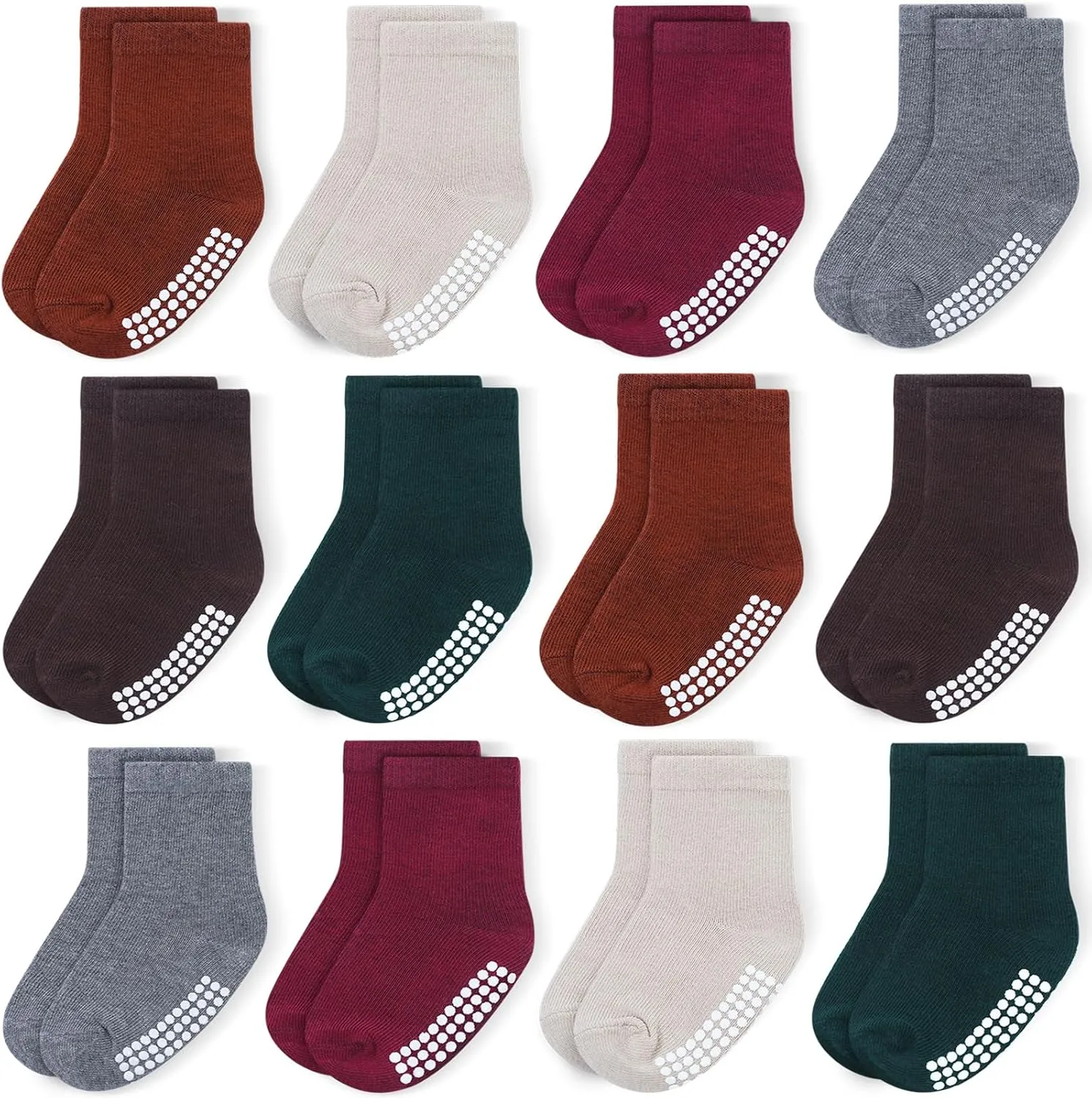 JAKIDAR 12 Pack Baby Toddler Socks Non Slip Grip Cotton Crew Socks for Boys Girls Infants Kids